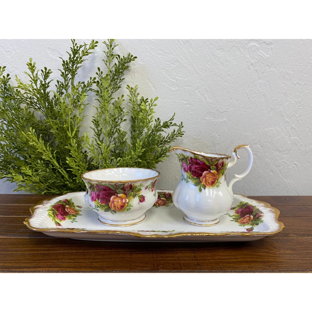 Royal Albert Old Country Roses Large Sandwich Tray, Open Sugar Bowl, and Creamer